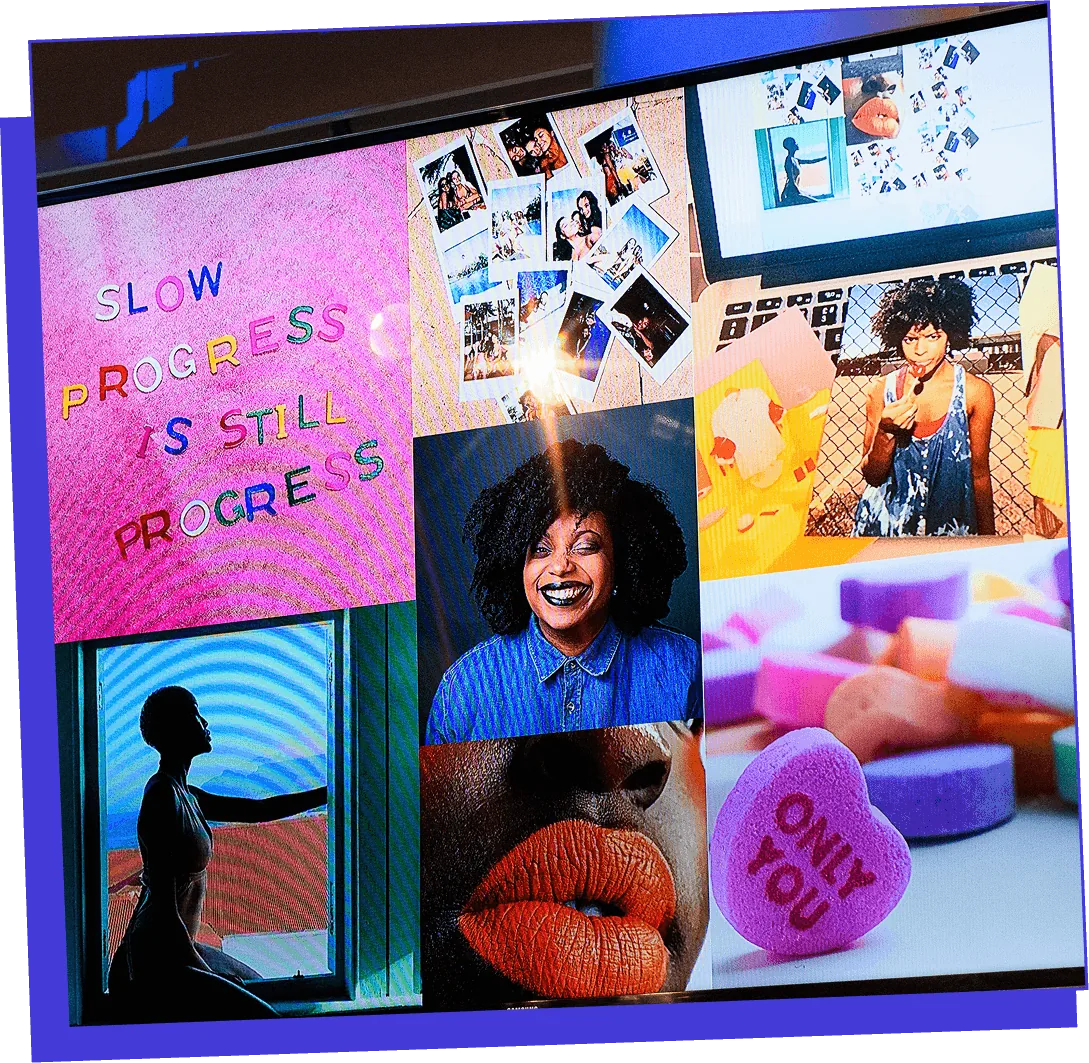 A colourful collage with the quote 'Slow progress is still progress' and photos