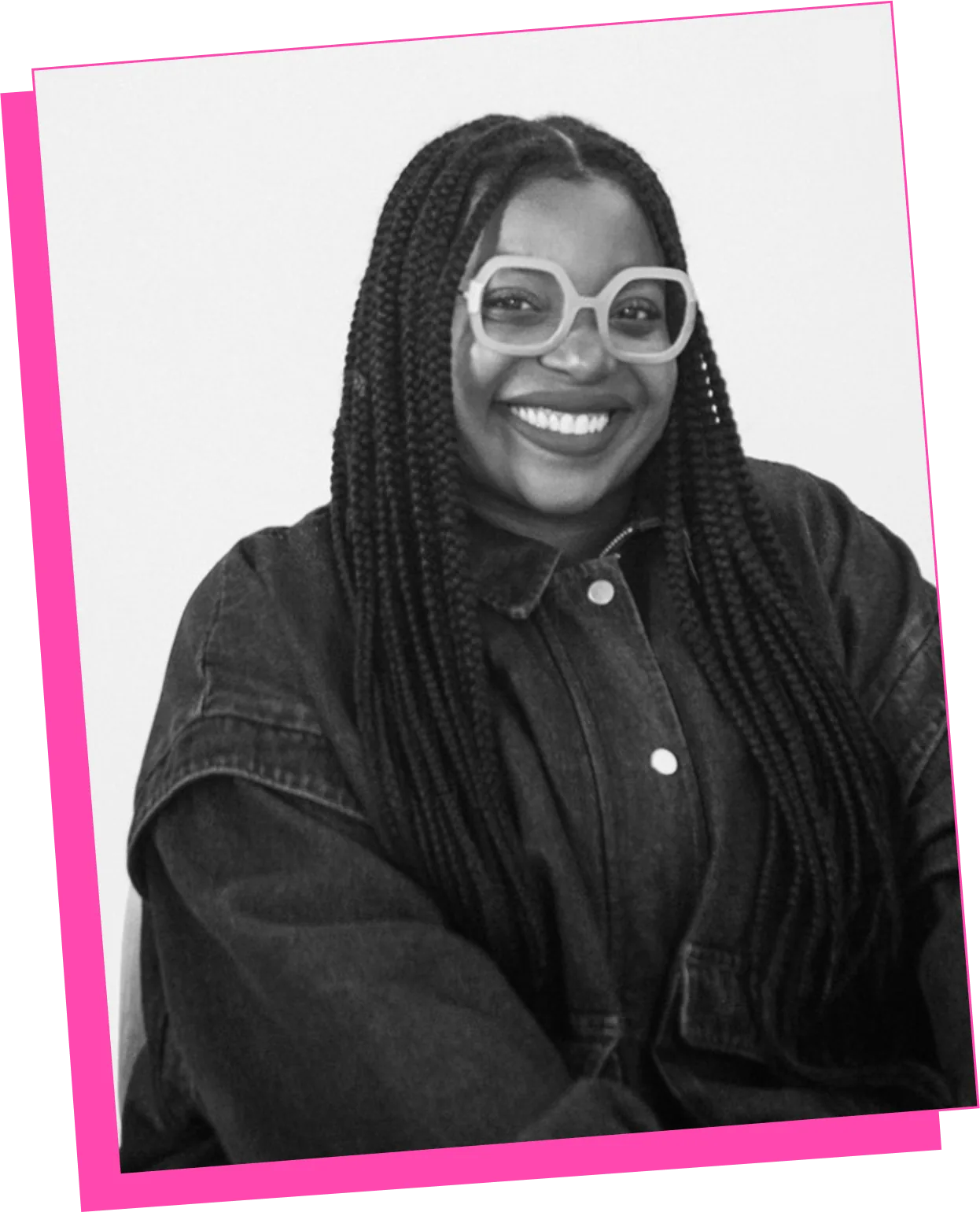 Vanessa Belleau, founder of High Fifteen, smiling in a black and white portrait with a pink frame